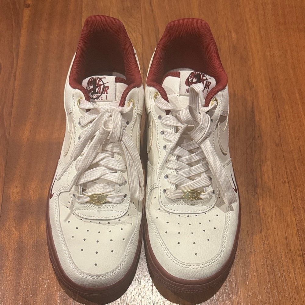 Nike Air Force 1 White and Burgundy Sneakers